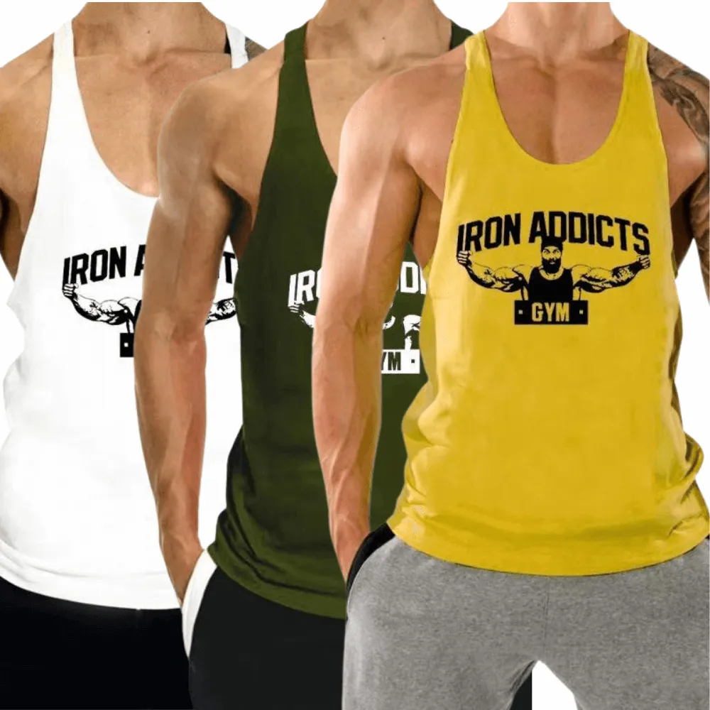 3 PACK IRON ADDICT Printed Workout GYM Tank Top