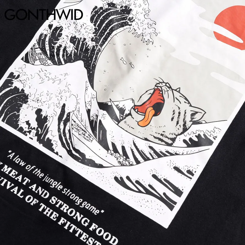 Japanese Ukiyo Cat Wave Printed Streetwear T Shirts