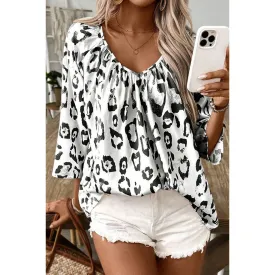 LEOPARD PRINT V-NECK SEVEN-POINT SLEEVE TOP: BLACK / (XL) 1