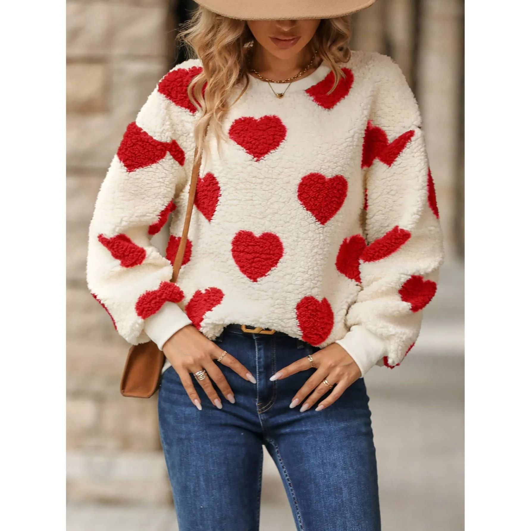 PLUSH LOVE PRINT LOOSE ROUND NECK PULLOVER HOODIE: RED / (L) 1