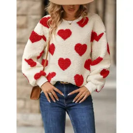PLUSH LOVE PRINT LOOSE ROUND NECK PULLOVER HOODIE: RED / (L) 1