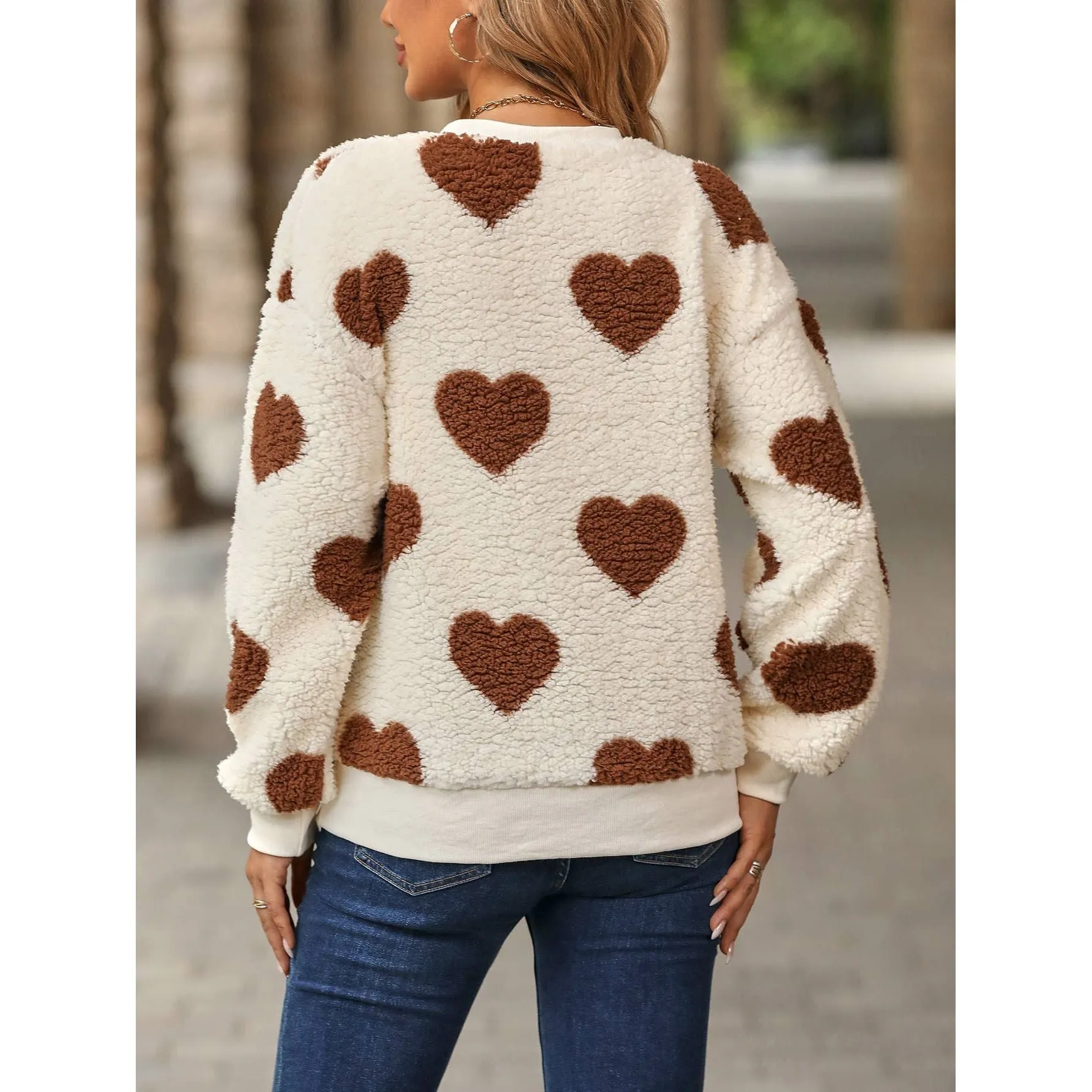 PLUSH LOVE PRINT LOOSE ROUND NECK PULLOVER HOODIE: RED / (L) 1